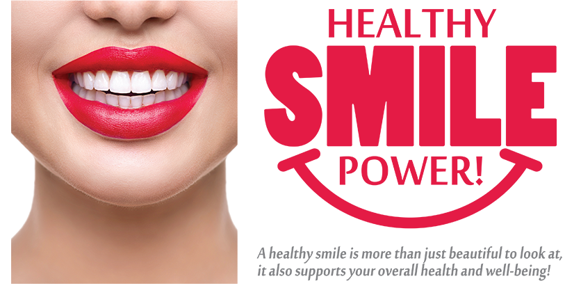 The image displays a graphic advertisement with text that reads  HEALTHY SMILE POWER  along with an illustration of a person s face wearing red lipstick, emphasizing dental hygiene and smile care.
